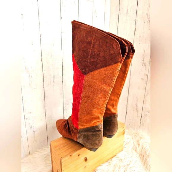 Vintage RARE Passports Suede Patchwork Knee High Low Heel Boots Red Tan Brown - Picture 9 of 15